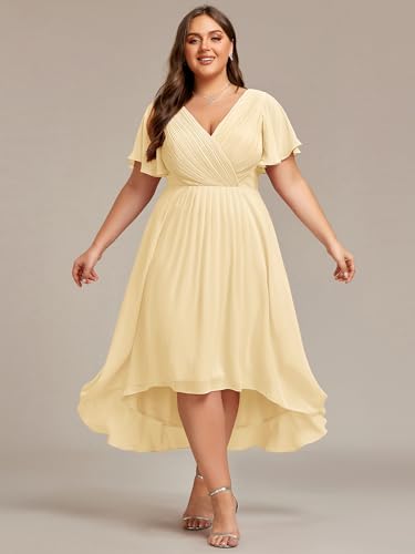 Image of Ever-Pretty Plus Summer Short Sleeves V-Neck Formal Wedding Guest Dresses for Curvy Women Chiffon Midi Cocktail Party Dress