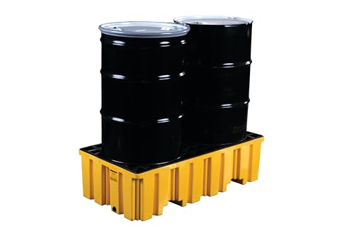 Image of Eagle 2 Drum Spill Containment Pallet with Drain and Forklift Pockets, 51.5 inchx26.25 inchx13.75 inch, 66 Gallon Sump, 4,000 lbs. Load Capacity Secondary Containment Pallet, Made in USA, Yellow, 1620