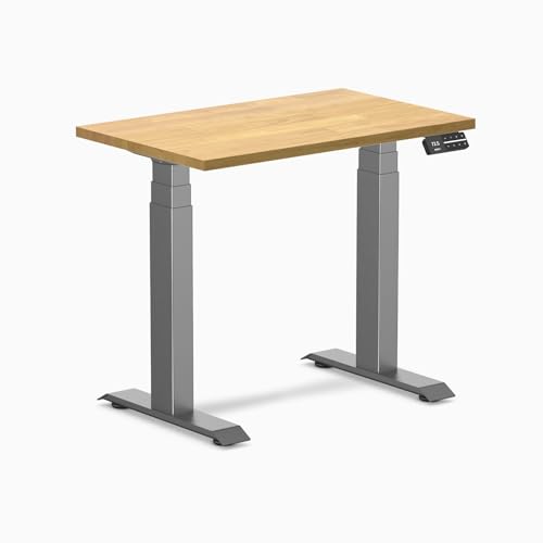 Image of Desky Small Electric Standing Desk, 32 x 20 inches Rubberwood Height Adjustable Sit Stand Desk with Dual Motor and Memory Presets, Compact Home Office Workstation - Light Oak Wood Top