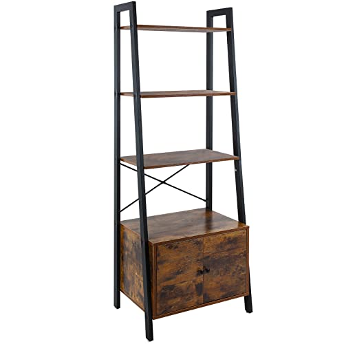 Babion Ladder Shelf, 4-Tier Tall Bookcase With Storage Cabinets Ladder Bookshelf Industrial Wood Storage Shelf With Metal Frame Vintage Display Standing Shelf Units For Home, Office(Rustic Brown) #TOP15