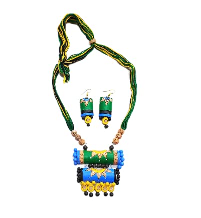 AKIBUKI Traditional Multicolor Terracotta Necklace and Earring Jewellery Set for Women With Face Locket (GREEN) (B0B4WFHZ2V) Amazon Price History, Amazon Price Tracker
