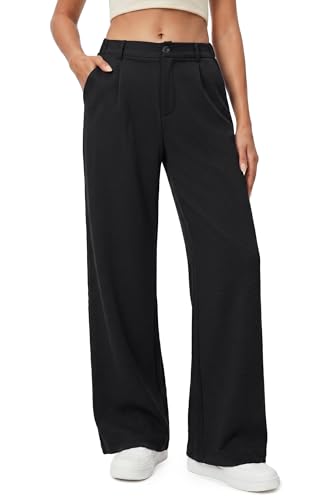 Enmain Pantalones Mujer Vestir Verano Cintura Alta Elástico Pierna Recta Ancha Antiarrugas Pantalon Palazzo Fluido Largo Ligeros Suelto Mujer Elegante Casual con Botón Bolsillos Negro 2XL