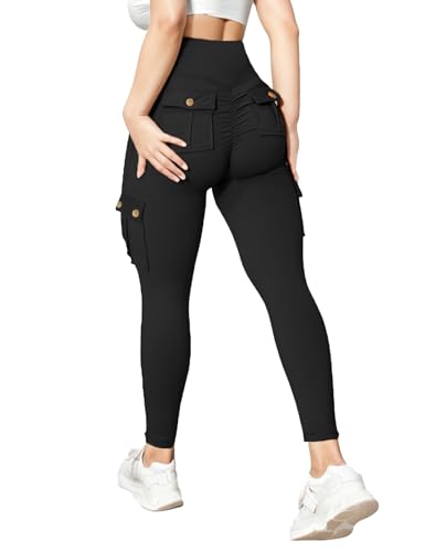 GYMTITAN Butt Lifting Cargo Leggings with Pockets Workout Leggings for Women Cargo Pants S-Black