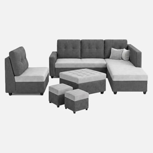 Image of FURNY Nathan 8 Seater L Shape Sofa Set RHS (Light Grey-Dark Grey) | Suede Velvet Finish | Durable Comfort Sofa for Modern Living Room & Office Spaces