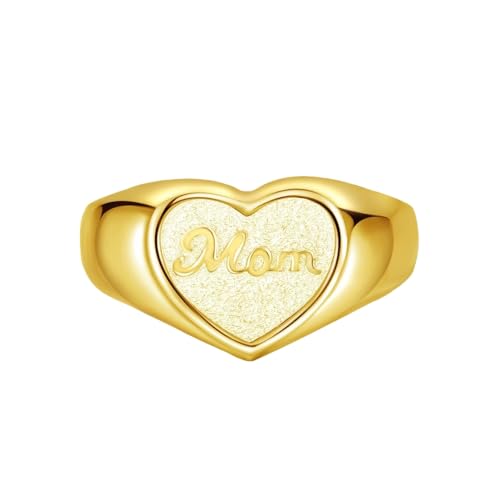 WLLDDDIU Anillo de Sello de Plata de Ley 925 con Forma de Corazón Mamá, Ajustable y Apilable, Ideal Como Regalo para Mamá de Parte de Su Hija O Hijo. Elegante Joya de Oro.