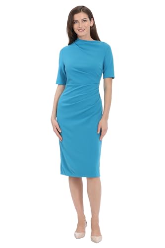 Image of Maggy London Women's Maggy London Women's Dresses Side Pleat Dress with Asymmetric Neck and Elbow Sleeves