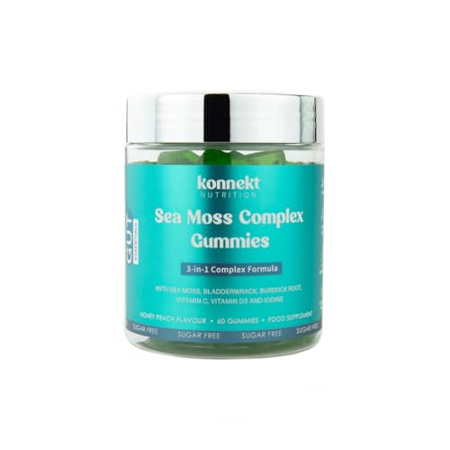 Sea Moss Complex Gummies - 3000mg Sea Moss Bladderwrack Burdock Root Iodine Vitamin C - Vegan Halal Gluten Free - 6-in-1 Energy Focus Immune & Gut Support Honey Peach Flavour (1 Month Supply)
