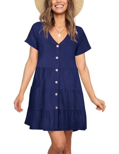 Image of Nova In Sky Women's Summer Dresses 2026 Short Sleeve V-Neck Casual Loose Swing Button Down Casual T Shirt Dresses