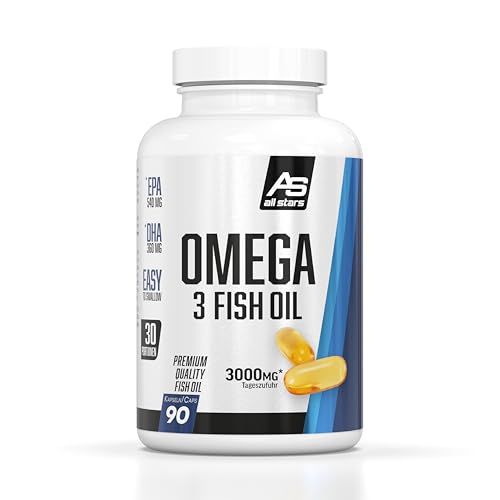 All Stars Omega 3 Fischöl I Fish Oil Caps mit 540mg EPA + 360mg DHA pro Tagesration I Monatspackung mit 90 Kapseln I Fisch-Öl Supplement ohne Zucker, Aspartam & Creatin