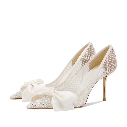 Women's Bow High Heels Pointed Toe Pumps Lace Mesh Stiletto Heels Dressy Wedding Party Pumps Bridal Shoes White(3.34 inch)3