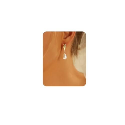 Pearl Earrings for Women-14K Gold Plated Dainty Drop Simple Wedding Dangle Dangling Cute Stud Earrings for Brides Long Wedding Earring Formal Jewelry