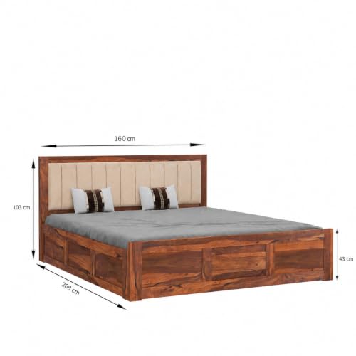 Image of SONA ART & CRAFTS Veronica Solid Sheesham Wood Bed Queen Size with Storage Box | Wooden Bed Queen Size Cot | Upholstered Beds | Double Bed with Storage Box - Natural Finish