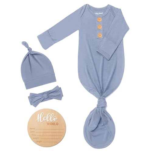Image of Soft Baby Knot Gown 0-3 Months, Newborn Announcement Sleepers With Mitten Cuffs and Personalized Wooden Name Tag