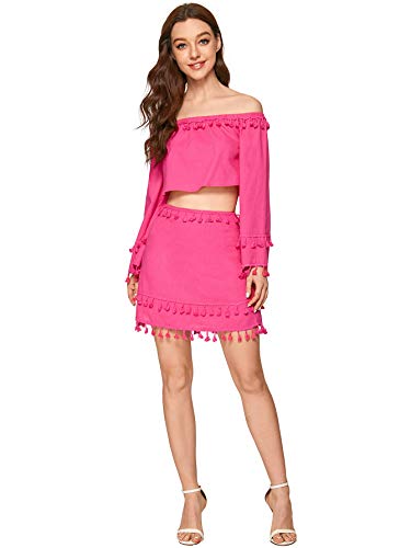 Shein Women's 2 Piece Outfit Fringe Trim Bell Sleeve Crop Top Skirt Set Small Hot Pink #TOP7
