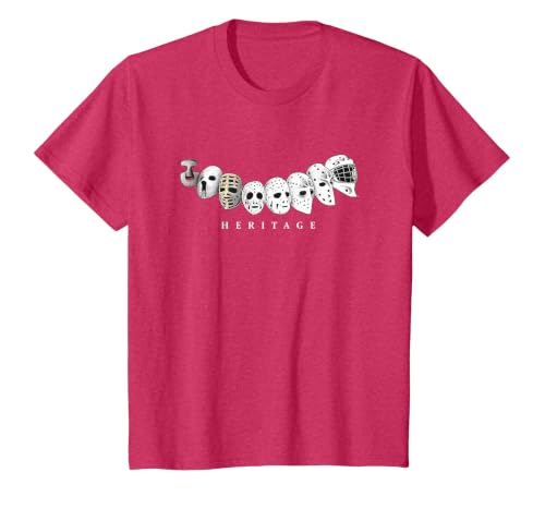 Ice Hockey Goalie Evolution Vintage to Modern Masks T-Shirt, Youth, Red Heather, Large