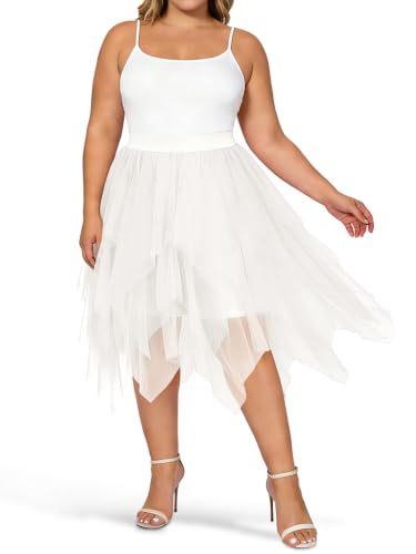 Plus Size Tulle Skirts for Women Midi Long Layered Tutu Skirt High Waisted A-Line Puffy Fairy Skirt White