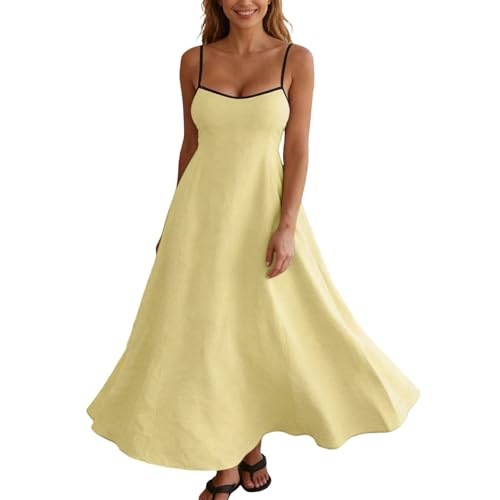 Kleider Damen, Strandkleid Luftig Maxikleid mit Kontrastbesatz Spaghettiträger Sommer- Outfits Reisen Urlaub ärmellos langeer (Yellow S)