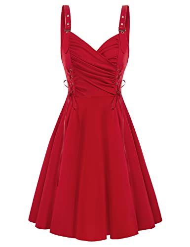 SCARLET DARKNESS Dress Medieval V-Neck A-Line Cocktail Party Dress Retro Steampunk Sleeveless with Drawstring Women L Red 164S22-2 steampunk buy now online