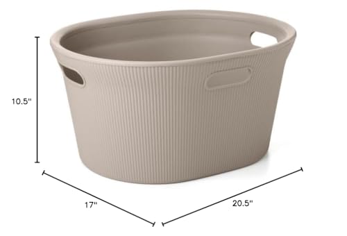 Image of Superio Ribbed Collection - Decorative Plastic Laundry Basket with Cut-Out Handles, Taupe (2 Pack) Hamper Organzier for Bedroom Bathroom College Dorm Room 35 Liter