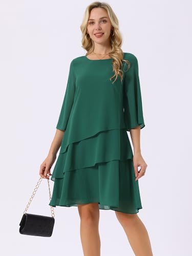 Image of Seta T Women's Chiffon Dresses 3 /4 Bell Sleeve Crewneck Tiered Layered Flowy Dress Party Wedding Outfits