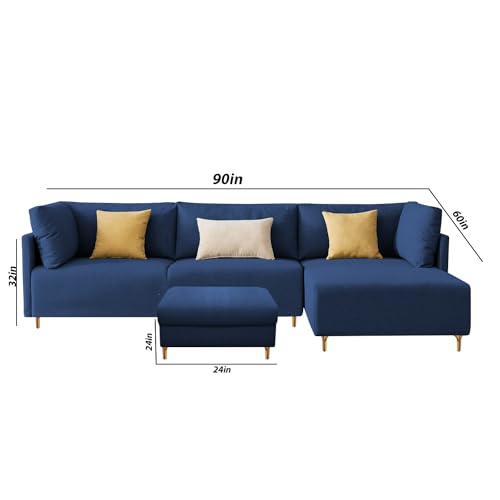 Image of Carina RHS 4 Seater L Shape Sofa Set with Center Table for Living Room (Blue Fabric) Premium Fabric Sofa