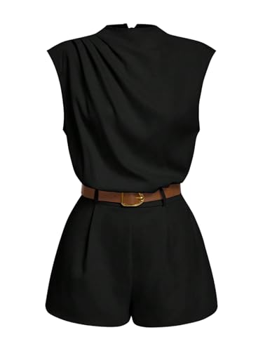 Image of SOLY HUX Women's Summer Ruched Mock Neck Romper Elegant Cap Sleeve Belted Work Short Jumpsuits