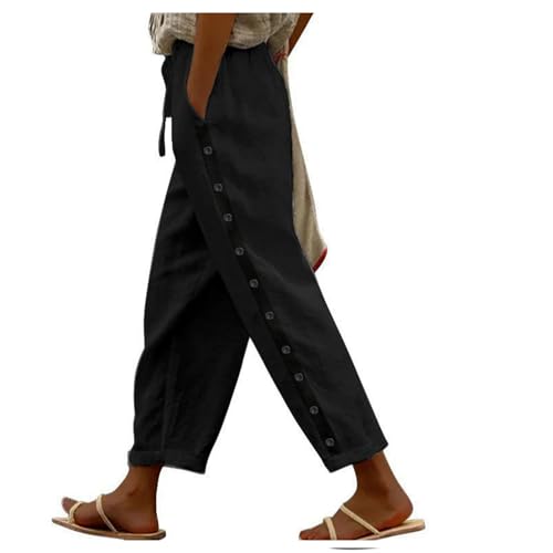 Casual Pants for Women Side Button Stripe Summer Trendy Pants Baggy Elastic Waisted Straight Leg Comfort Trousers with Pocket