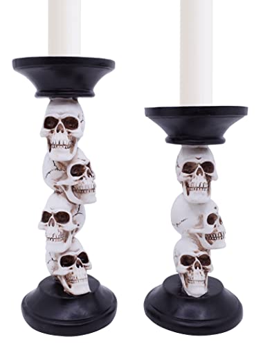 Etistta Halloween Skull Candle Holder For Fireplace Halloween Decorations, 9.5 Inch Tall Polyresin Candlestick Holders White Bones Black Candlesticks For Halloween Decor, Set Of 2 cover