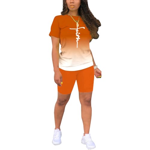 PINSV Women'S 2 Piece Outfits Summer Printing Bodycon Short Pants Workout Sets Two Tracksuit Tshirt Shorts Jogger Set Orange Gradient Letter Print A S