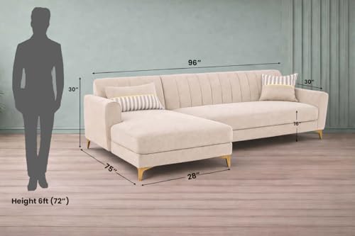 Image of Adorn India Premium Luster 8 Seater L Shape Sofa Set with 2 Puffy & 1 Center Table | Velvet Suede Fabric | 3-Year Warranty | LHS | Cream with Golden Legs & Striped Pattern Cushion