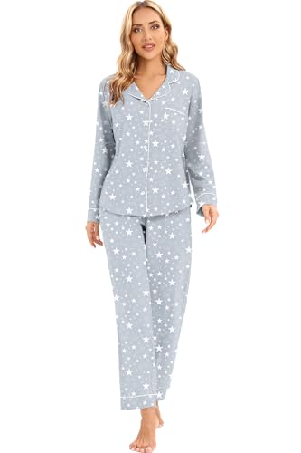 Image of LUBOT 100% Cotton Pajamas for Women Pajama Set 2 Piece PJ Sleepwear Set Soft Ladies Button Knit Long Sleeve Loungewear XS-XXL