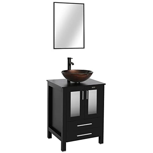 Luckwind 24 Inch Bathroom Vanity Round Brown Vessel Sink Combo,Black Bathroom Wooden Cabinet With Tempered Glass Bowl，Black Orb Solid Brass Faucet & Pop Up Drain, Mirror #TOP7
