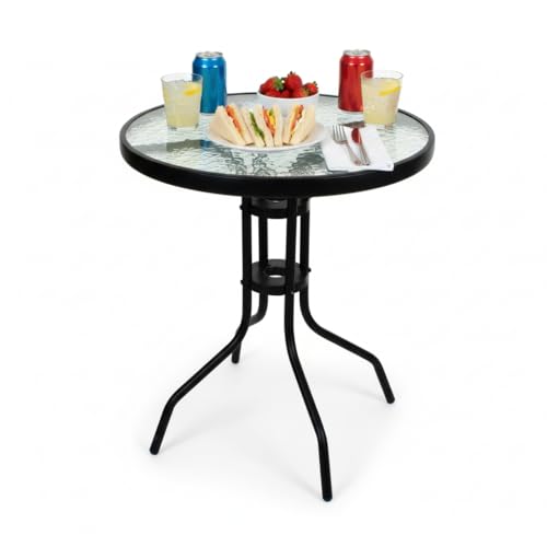 Crystals Outdoor Dining Table Garden Bistro Patio Table Metal Glass Top Table for Indoor Outdoor Cafe Dining Black