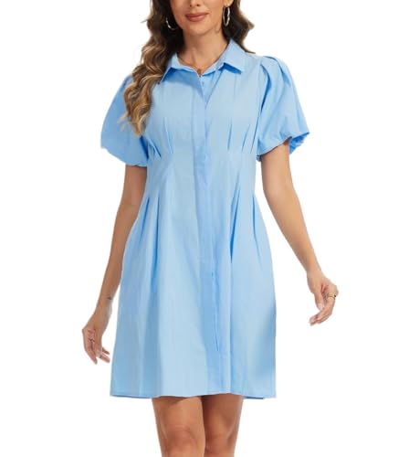 Image of D-Sun Women's Short Puff Sleeve Shirt Dress Button Down Pleated Mini Dress Casual Short Dresses