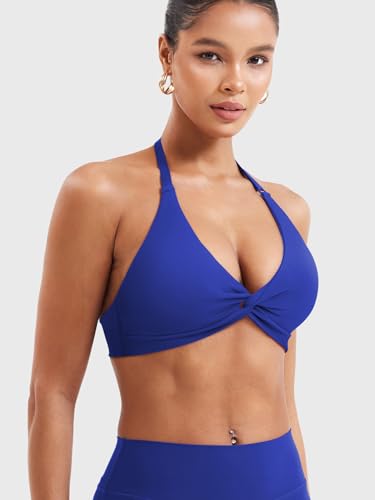 Image of YEOREO Halter Sports Bras for Women Low Impact Removable Padded Adjustable Deep V Bra Seamless Workout Gym Crop Tops