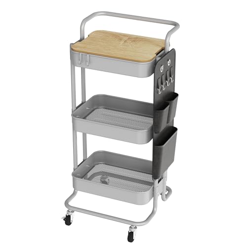 Image of DTK 3-Tier Rolling Cart with Table Top, Metal Utility Cart with Side Bags | Tray Storage Organizer, Lockable Wheels, 4 Hooks, Art Cart for Kitchen, Bathroom, Office, Craft room, Living room,Grey