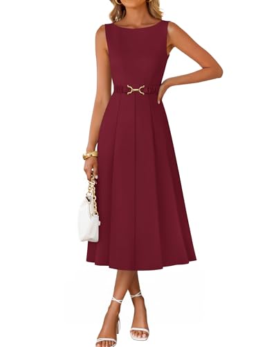Image of ZESICA Women Summer Sleeveless Midi Dresses 2026 Elegant Boat Neck A Line Tie Waist Spring Cocktail Party Dress