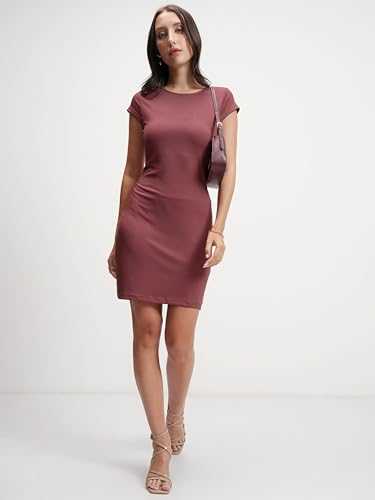 Image of Tokyo Talkies Women's Elegant Vertical Stripes Self-Design | Round Neck Sheath Dress | Ribbed Short Sleeves & Bodycon Fit for a Chic Look