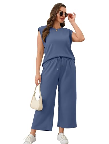 Image of SAMPEEL Two Piece Sets for Women Casual Travel Vacation Outfits Summer Wide Leg Crop Pants Lounge Sets