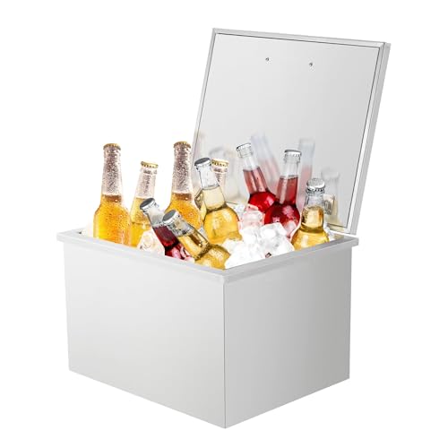 BoundLiving Built-in Commercial Ice Chest – Stainless Steel Drop-in Ice Bin with Hinged Lid, Drain Plug & Pipe for Outdoor Kitchen, Bar & Event Use
