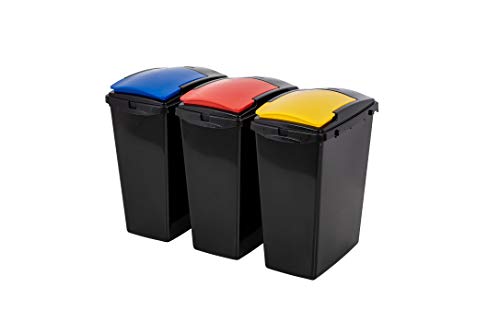 Addis Recycling 40 Litre Set of 3 Waste Utility Plastic Bins Interlocking Clips, Lift, Red & Yellow, Black Colour Coded Lids Blue, Red, Yellow, 3 x 40