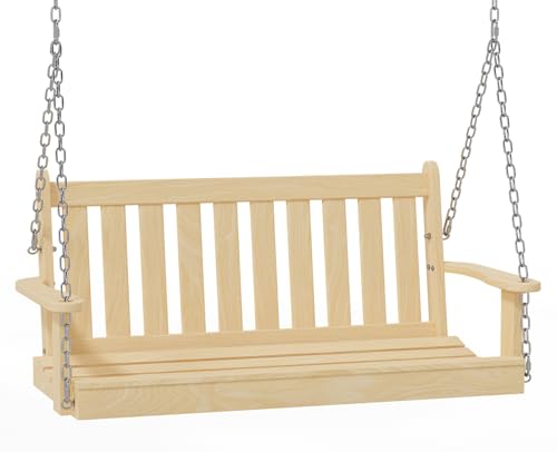Shintenchi 4FT Hanging Wooden Porch Swing with Chains, 2-Seater Upgraded Heavy Duty 500 LBS Swing Bench for Outdoor Patio Garden and Backyard, Natural