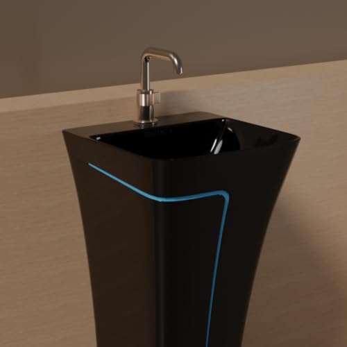 Image of Pedestal Wash Basin, Ceramic One Piece Wash Basin for Bathroom & Living Room, Modern Home Wash Basin with Glossy White Finish (L15XW15.8XH35 Inch) (Black + T. Blue Line)