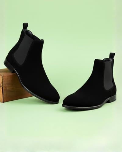 Image of Men's Leather Chelsea Boots, Ankle Length Slip-On with Memory Foam Insole, Block Heel, Round Toe, Water Repellent, Formal Wear, Black