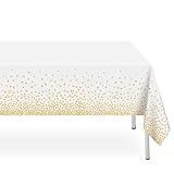 LIKAJON 2 Pack White and Gold Dot Tablecloth, White Plastic Table Cloths for Parties Disposable, 54x108in Waterproof Rectangular Camping Tablecloth for Birthday Party Picnic Baby Shower