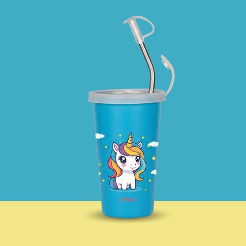 Image of PDDFALCON Stainless Steel Cartoon Print Glass /Tumbler with Steel Straw, Cleaning Brush & Food Grade Cap, 100% Leak Proof. Ideal for Kids. (Unicorn Sky Blue 450ml)