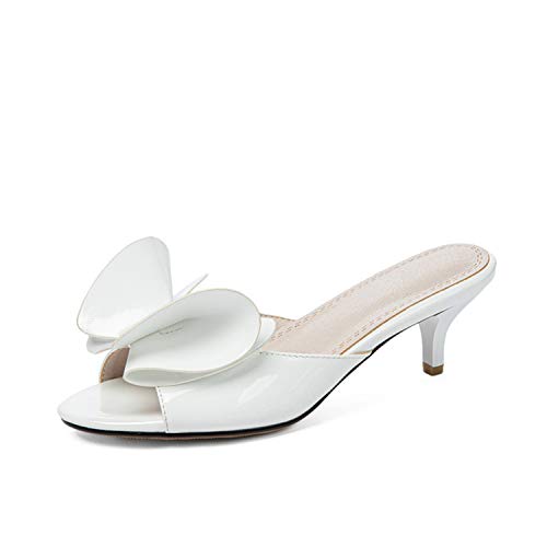 EnllerviiD Women's Kitten Heel Mules Cute Bowknot Sandals Slip On Open Toe Shoes Ladies Genuine Leather White US 10