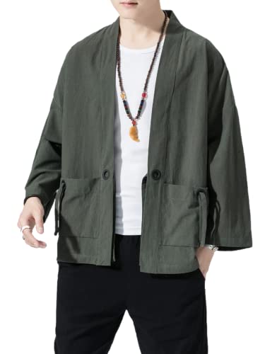 Image of Men's Japanese Kimono Cardigan Loose Cotton Linen 3 /4 Sleeve Open Front Casual Summer Shirt Jackets