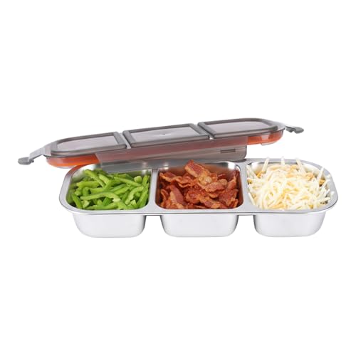Punorric Stainless Steel Pizza Topping Station, 3 Compartments Condiment Caddy with Lid, Multifunctional Condiment Tray with Lid, Reusable Container for Kitchen or Restaurant, Pizza Accessories