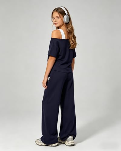 Image of Teen Girls Clothes Off the Shoulder Top and Wide Leg Pants Matching Outfit Set with Pockets Size 7-16